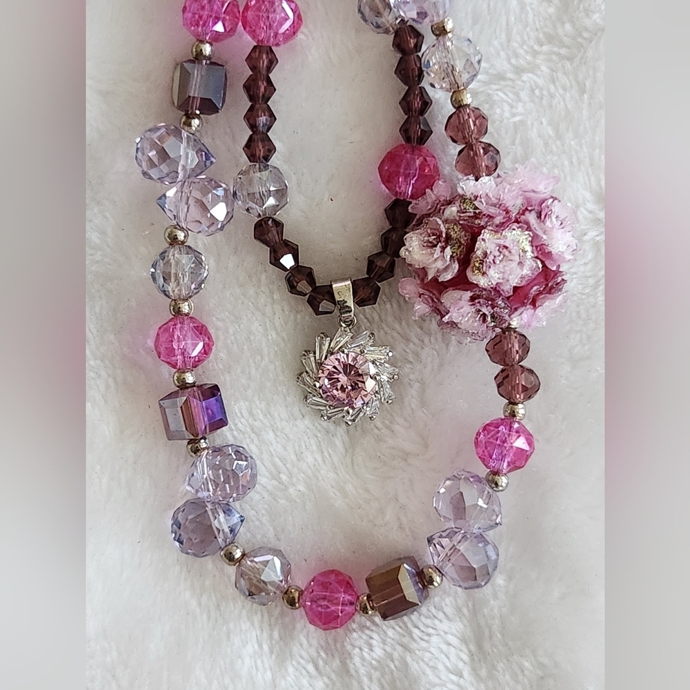 Elegant Floral Pink and Purple Beaded Phone Chain - Picture 2 of 4